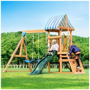 Playground com Parede de Escalada Infantil ROBUD Conjunto de Balanço para Quintal, Brinquedo Infantil em Madeira, com 2 Balanços,