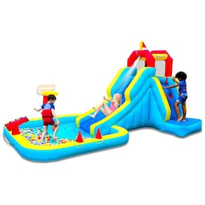 Escorregador Bounwell Inflável com Parede de Escalada, Tiro de Água, Cesta de Basquete e Piscina Splash – Diversão Garantida para Crianças