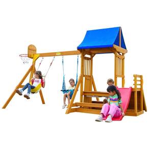 Playground Infantil de Madeira com Mesa de Piquenique, Cesta de Basquete, Escorregador de Ondas, 2 Balanços e Parede de Escalada, SuniBoxi,