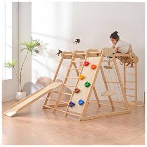 Playground OLLIVIKI Parque Infantil Indoor Jungle Gym, Brinquedo de Escalada para Crianças 1-6 Anos, Com Escorregador, Parede de Escalada,