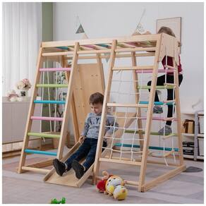 Playground Interno Avenlur Magnolia 7-em-1, com Escorregador, Parede de Escalada, Rede de Escalada, Barra de Macaco e Balanço, Estilo