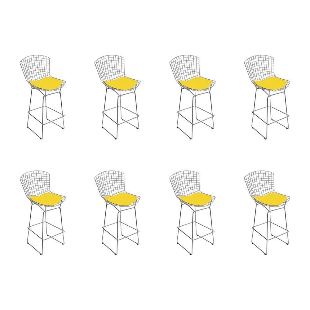 Kit 8 Banquetas Bistrô Bertoia Cromada D80 Com Assento Sintético Amarelo Cor Cinza