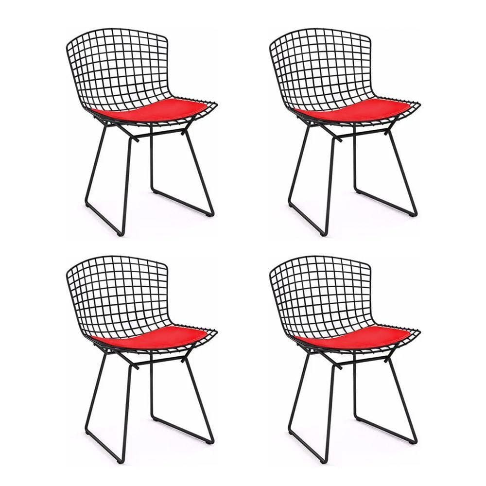 Kit 4 Cadeiras Bertoia Preta Com Assento Vermelho Cor Preto