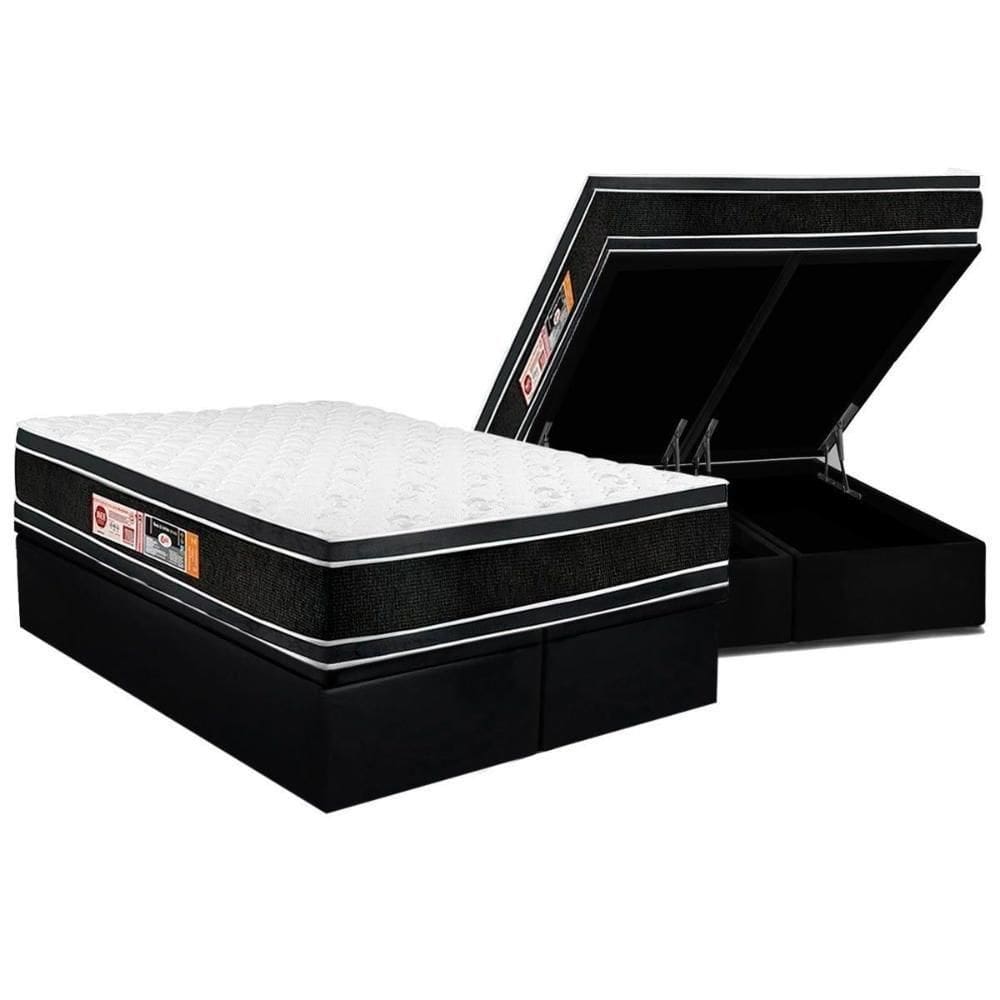 Cama Box Baú Queen: Colchão D33 Castor Black E White Air Double Face Euro Pillow+Base Black(158X198)