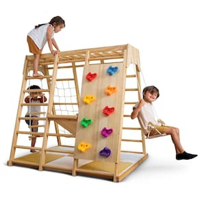 Playground Interno Avenlur Magnolia 6-em-1, Estilo Montessori Waldorf, com Escorregador, Parede de Escalada, Rede, Barra de Macaco e
