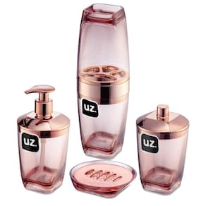 Kit Higiene Slim 4 Peças Para Banheiro Com Porta Escova Sabonete Líquido Porta Algodão E Saboneteira Rose
