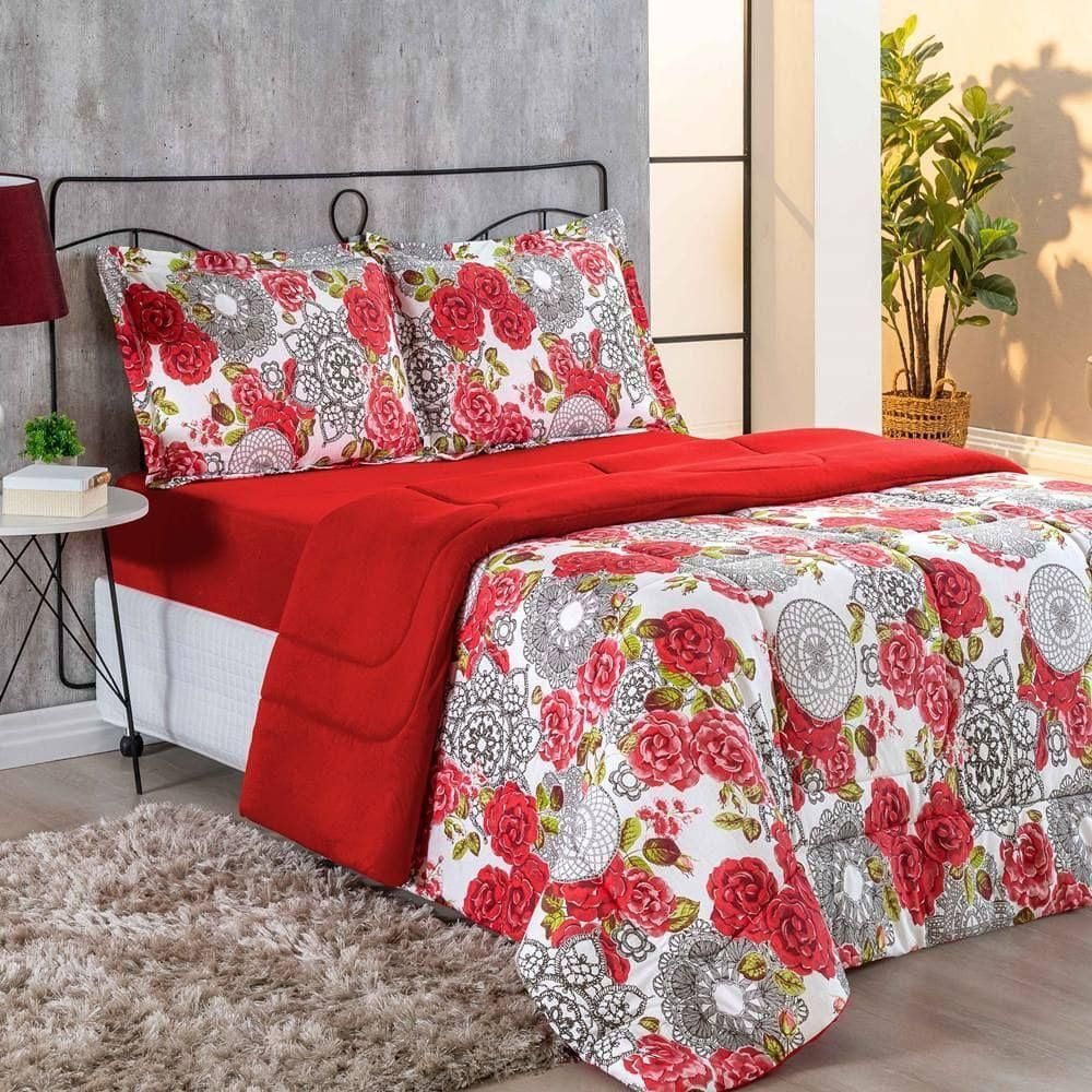 Kit Edredom Malha 100% Algodão Primavera 3 Peças Casal - Floral Vermelho