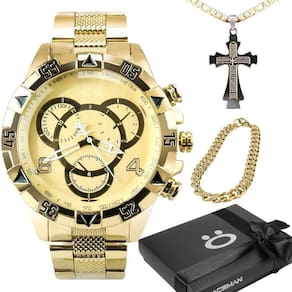 Relogio Banhado Prova Dagua + Cordão Cruz + Pulseira + Caixa Social