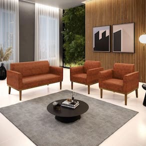 Conjunto 2 Poltronas E 1 Namoradeira Decorativa Pés Fixo Em Madeira Castanho Pu Nozes