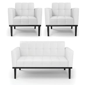 Conjunto 2 Poltronas E 1 Namoradeira Decorativa Pés Fixo Em Madeira Preto Pu Branco