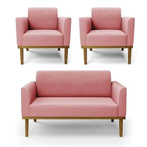 Conjunto 2 Poltronas E 1 Namoradeira Decorativa Pés Fixo Em Madeira Castanho Suede Rose