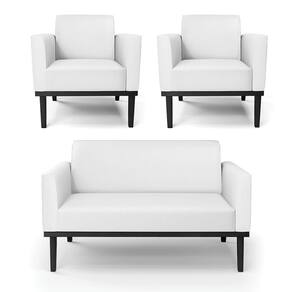 Conjunto 2 Poltronas E 1 Namoradeira Decorativa Pés Fixo Em Madeira Preto Pu Branco