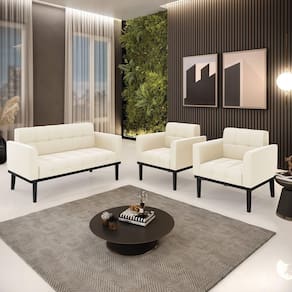 Conjunto 2 Poltronas E 1 Namoradeira Decorativa Pés Fixo Em Madeira Preto Veludo Bege