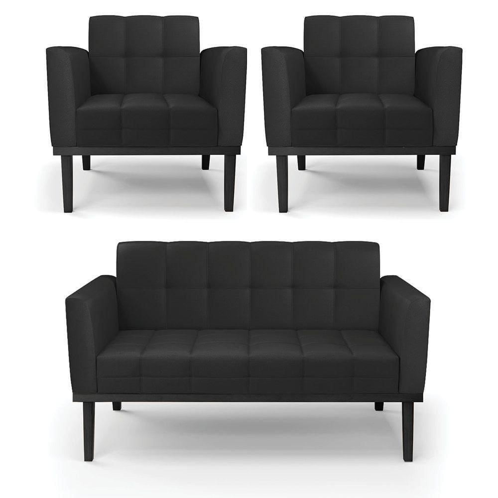 Conjunto 2 Poltronas E 1 Namoradeira Decorativa Pés Fixo Em Madeira Preto Pu Preto