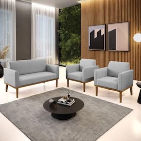Conjunto 2 Poltronas E 1 Namoradeira Decorativa Pés Fixo Em Madeira Castanho Linho Cinza