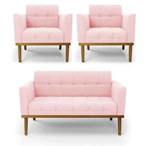 Conjunto 2 Poltronas E 1 Namoradeira Decorativa Pés Fixo Em Madeira Castanho Suede Rosa Bebê