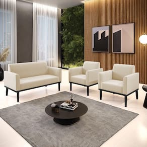 Conjunto 2 Poltronas E 1 Namoradeira Decorativa Pés Fixo Em Madeira Preto Suede Bege