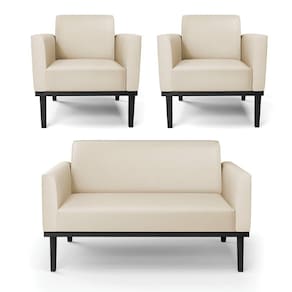 Conjunto 2 Poltronas E 1 Namoradeira Decorativa Pés Fixo Em Madeira Preto Pu Bege