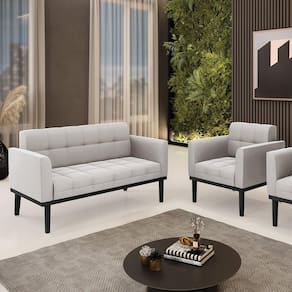 Conjunto Poltrona E Namoradeira Decorativa Pés Fixo Em Madeira Preto Veludo Cinza