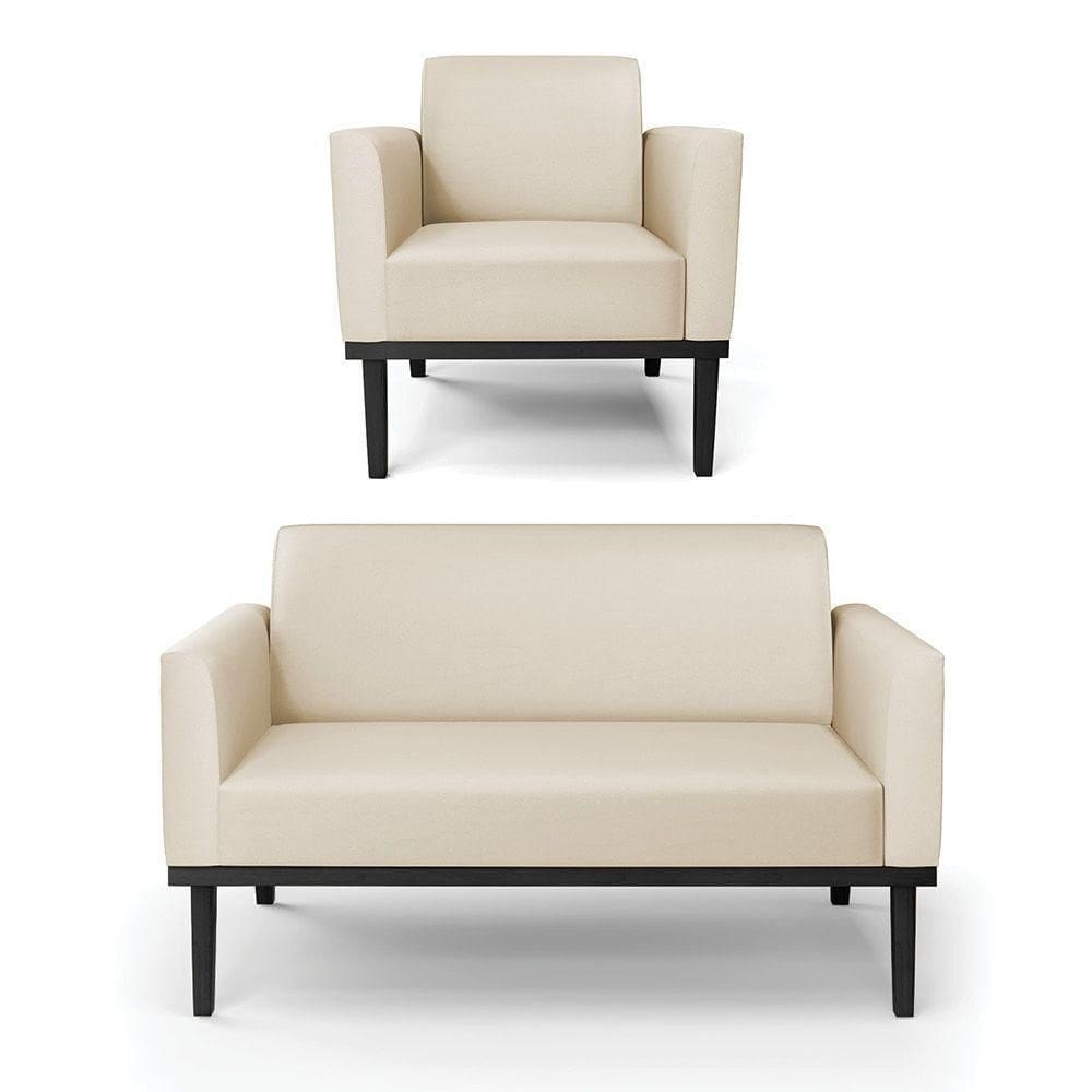 Conjunto Poltrona E Namoradeira Decorativa Pés Fixo Em Madeira Preto Pu Bege