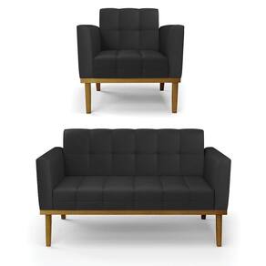 Conjunto Poltrona E Namoradeira Decorativas Pés Fixo Em Madeira Castanho Pu Preto