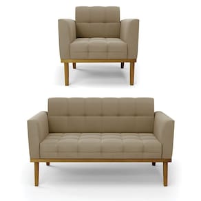 Conjunto Poltrona E Namoradeira Decorativas Pés Fixo Em Madeira Castanho Suede Nude