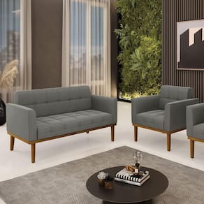 Conjunto Poltrona E Namoradeira Decorativas Pés Fixo Em Madeira Castanho Suede Grafite