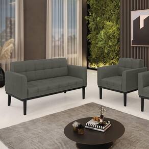 Conjunto Poltrona E Namoradeira Decorativa Pés Fixo Em Madeira Preto Linho Cinza Mesclado