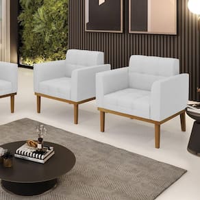 Kit 2 Poltronas Decorativas Pés Fixo Em Madeira Castanho Linho Cinza