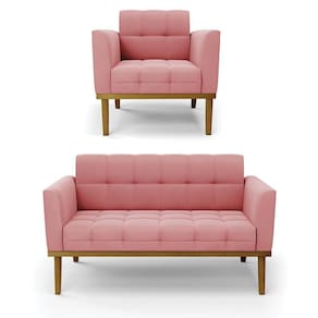 Conjunto Poltrona E Namoradeira Decorativas Pés Fixo Em Madeira Castanho Suede Rose