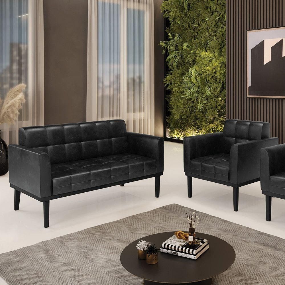 Conjunto Poltrona E Namoradeira Decorativa Pés Fixo Em Madeira Pu Preto Brilho