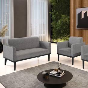 Conjunto Poltrona E Namoradeira Decorativa Pés Fixo Em Madeira Preto Linho Cinza Mesclado