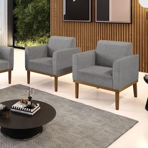 Kit 2 Poltronas Decorativas Pés Fixo Em Madeira Castanho Linho Cinza Mesclado
