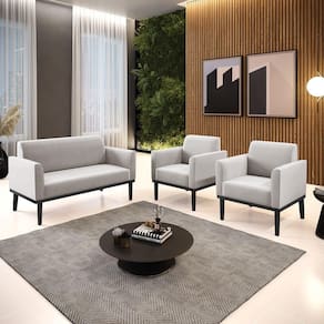 Conjunto 2 Poltronas E 1 Namoradeira Decorativa Pés Fixo Em Madeira Preto Veludo Cinza