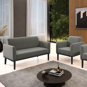 Conjunto Poltrona E Namoradeira Decorativa Pés Fixo Em Madeira Preto Suede Grafite