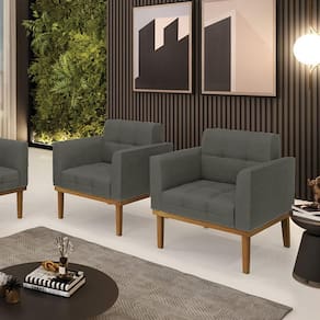 Kit 2 Poltronas Decorativas Pés Fixo Em Madeira Castanho Linho Cinza Mesclado