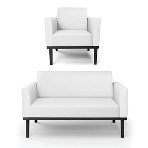 Conjunto Poltrona E Namoradeira Decorativa Pés Fixo Em Madeira Preto Pu Branco