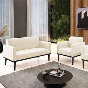 Conjunto Poltrona E Namoradeira Decorativa Pés Fixo Em Madeira Preto Veludo Bege