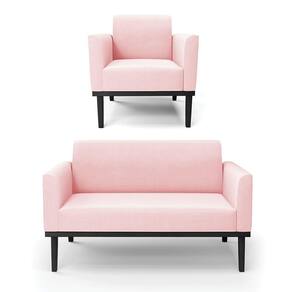 Conjunto Poltrona E Namoradeira Decorativa Pés Fixo Em Madeira Preto Suede Rosa Bebê