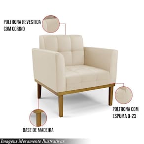 Kit 2 Poltronas Decorativas Pés Fixo Em Madeira Castanho Pu Bege