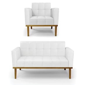 Conjunto Poltrona E Namoradeira Decorativas Pés Fixo Em Madeira Castanho Pu Branco