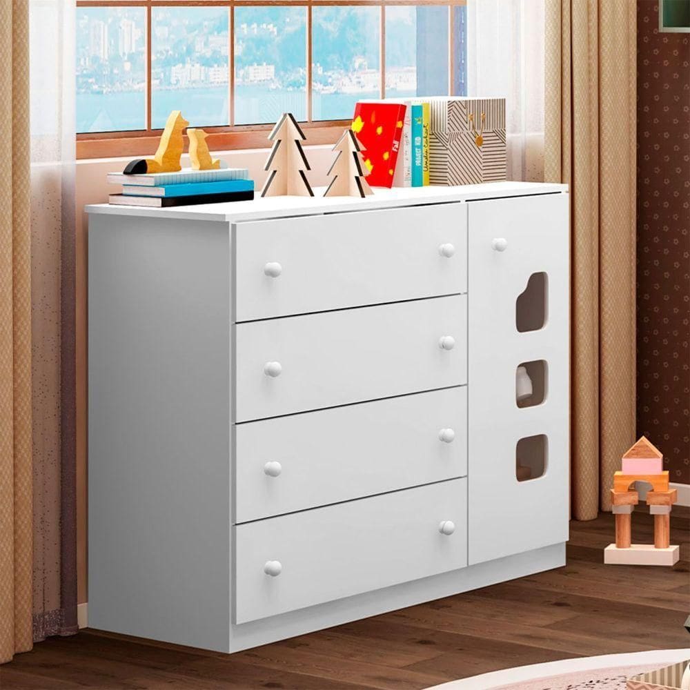 Cômoda Infantil Com 1 Porta E 4 Gavetas Lívia Cor Branco Phoenix Baby