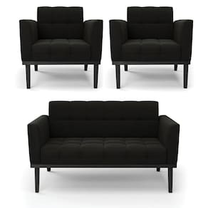 Sofá Namoradeira E 2 Poltronas Base De Madeira Preto Elisa Suede D03 - D`rossi Cor Preto