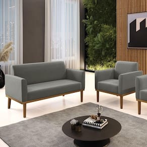 Conjunto Poltrona E Namoradeira Decorativa Pés Fixo Em Madeira Castanho Suede Grafite