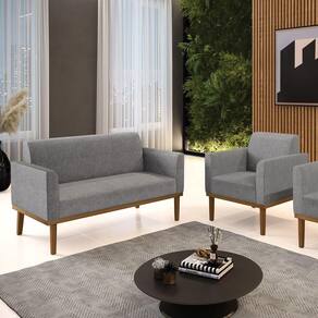 Conjunto Poltrona E Namoradeira Decorativa Pés Fixo Em Madeira Castanho Linho Cinza Mesclado
