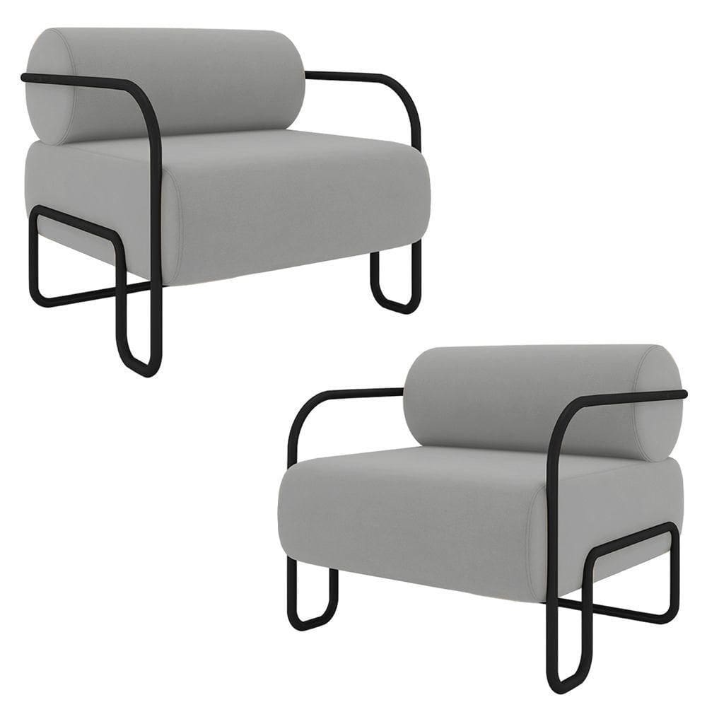 Kit 2 Poltronas Decorativas Sala De Estar Polatsk Base Industrial De Ferro Veludo Cinza Claro G33