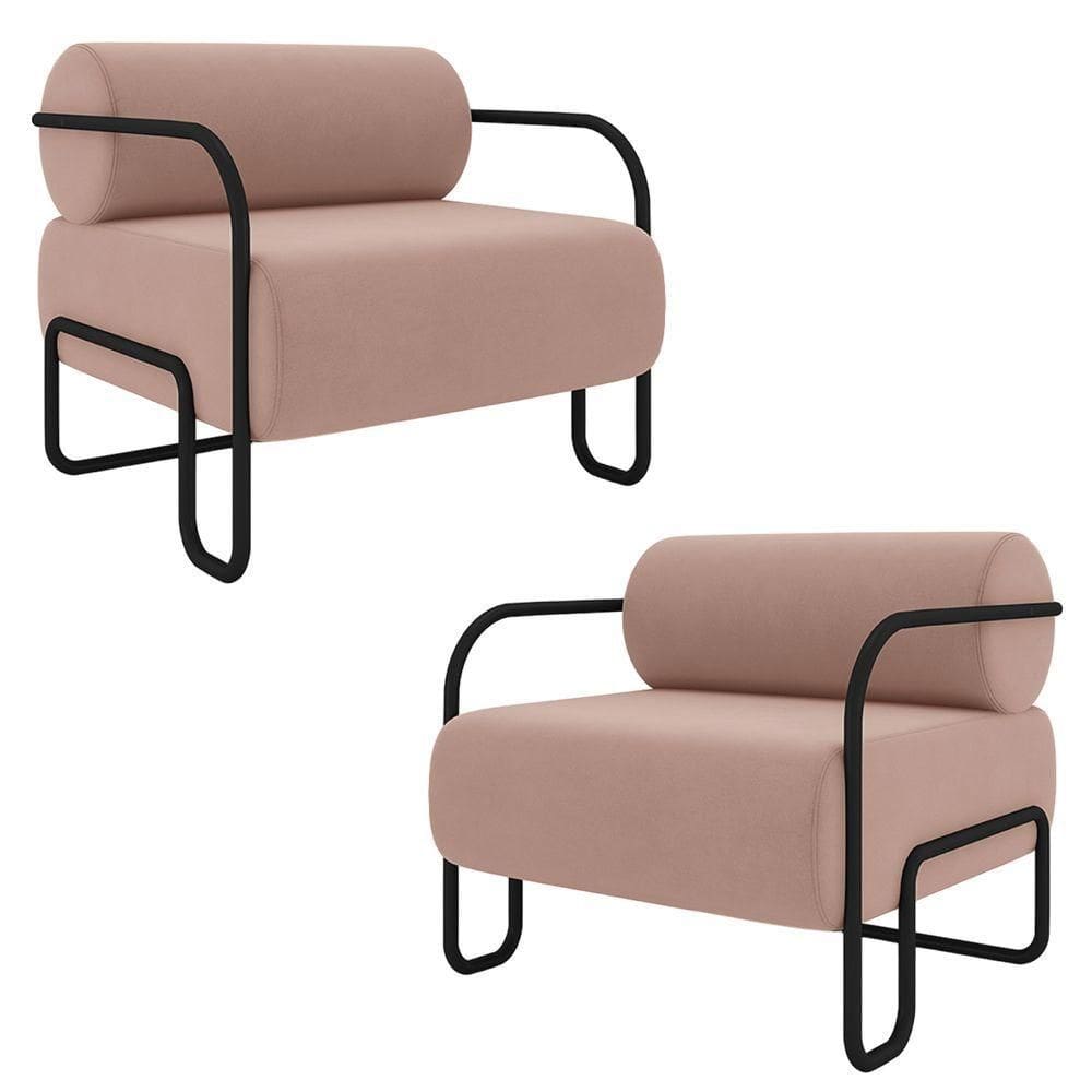 Kit 2 Poltronas Decorativas Sala De Estar Polatsk Base Industrial De Ferro Veludo Rosê G33