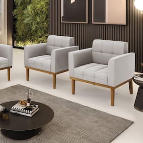 Kit 2 Poltronas Decorativas Pés Fixo Em Madeira Castanho Veludo Cinza