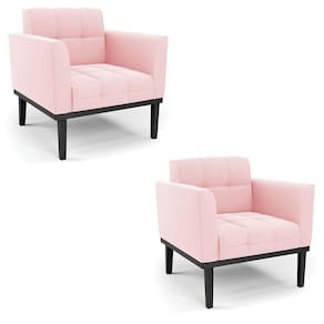 Kit 2 Poltronas Decorativas Pés Fixo Em Madeira Preto Suede Rosa Bebê