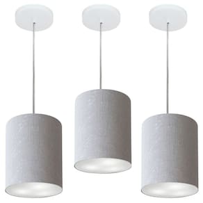 Kit/3 Lustre Pendente Cilíndrico Md-4012 Cúpula em Tecido 18x25cm Rustico Cinza - Bivolt